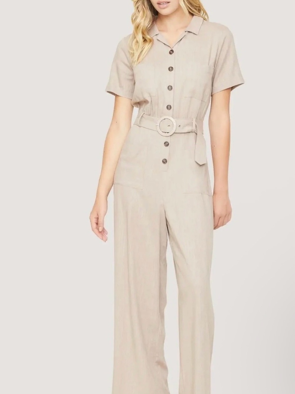 Lost + Wander Beige Short-Sleeve Belted Linen Jumpsuit